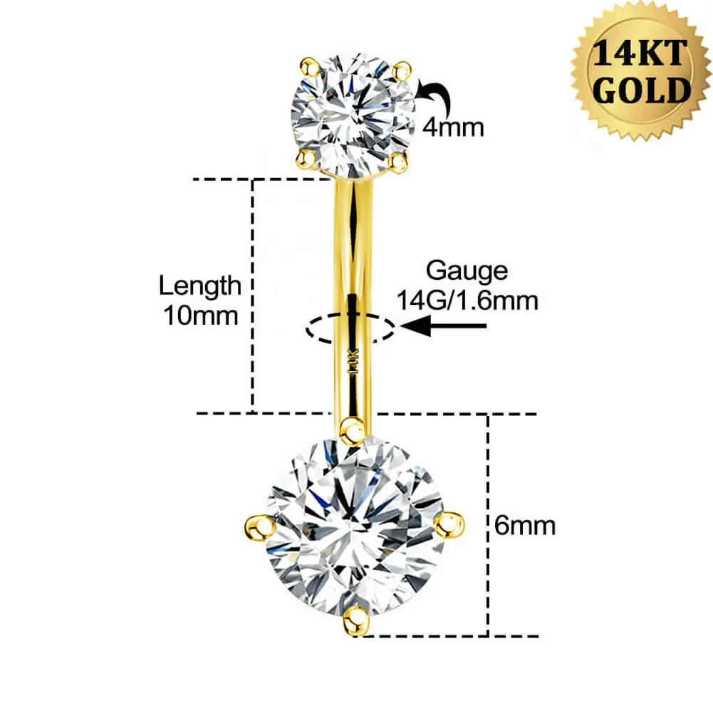 14K Solid Gold Internally Threaded 14G Clear CZ Belly Button Ring