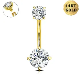 14K Solid Gold Internally Threaded 14G Clear CZ Belly Button Ring