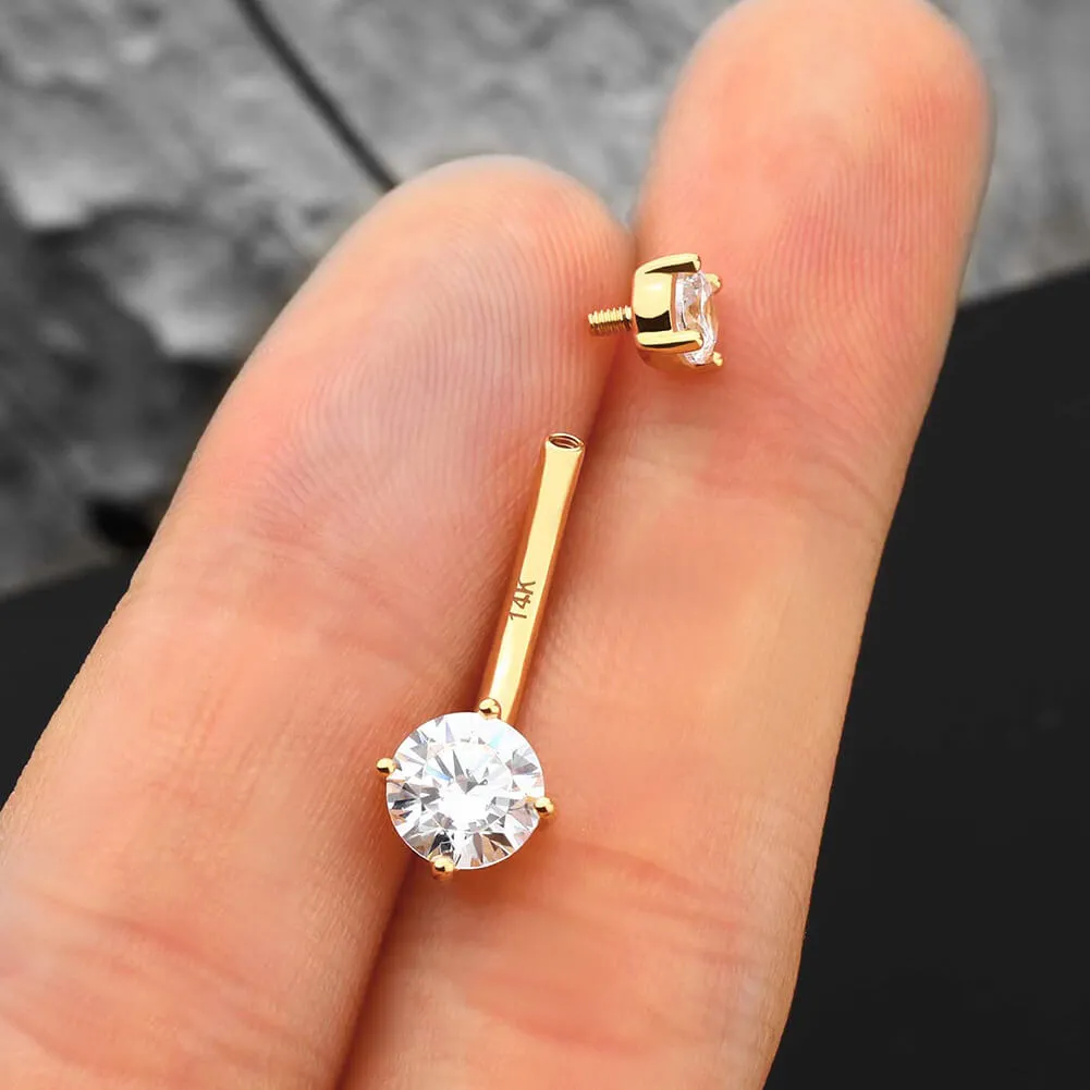 14K Solid Gold Internally Threaded 14G Clear CZ Belly Button Ring