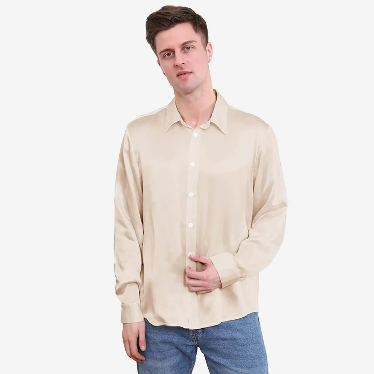 22 Momme Classic Business Mens Silk Shirts Long Sleeves Silk Top