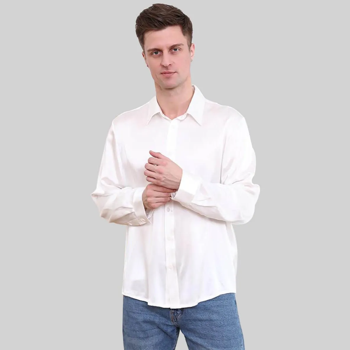 22 Momme Classic Business Mens Silk Shirts Long Sleeves Silk Top