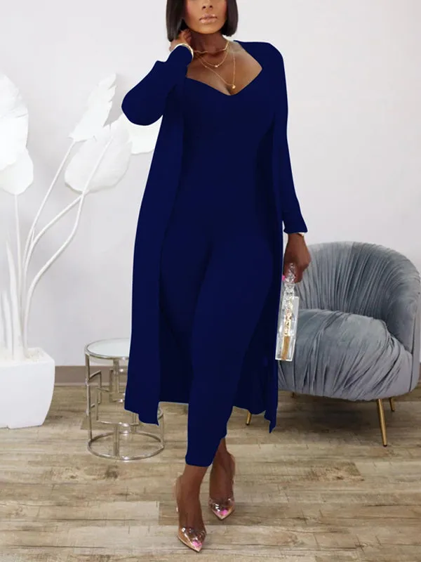 2Pcs Solid Color Jumpsuit & Cardigan