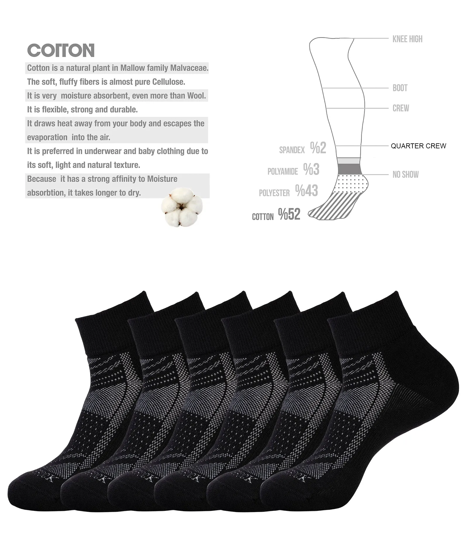 6 PACK QUARTER CREW SOCKS BLACK