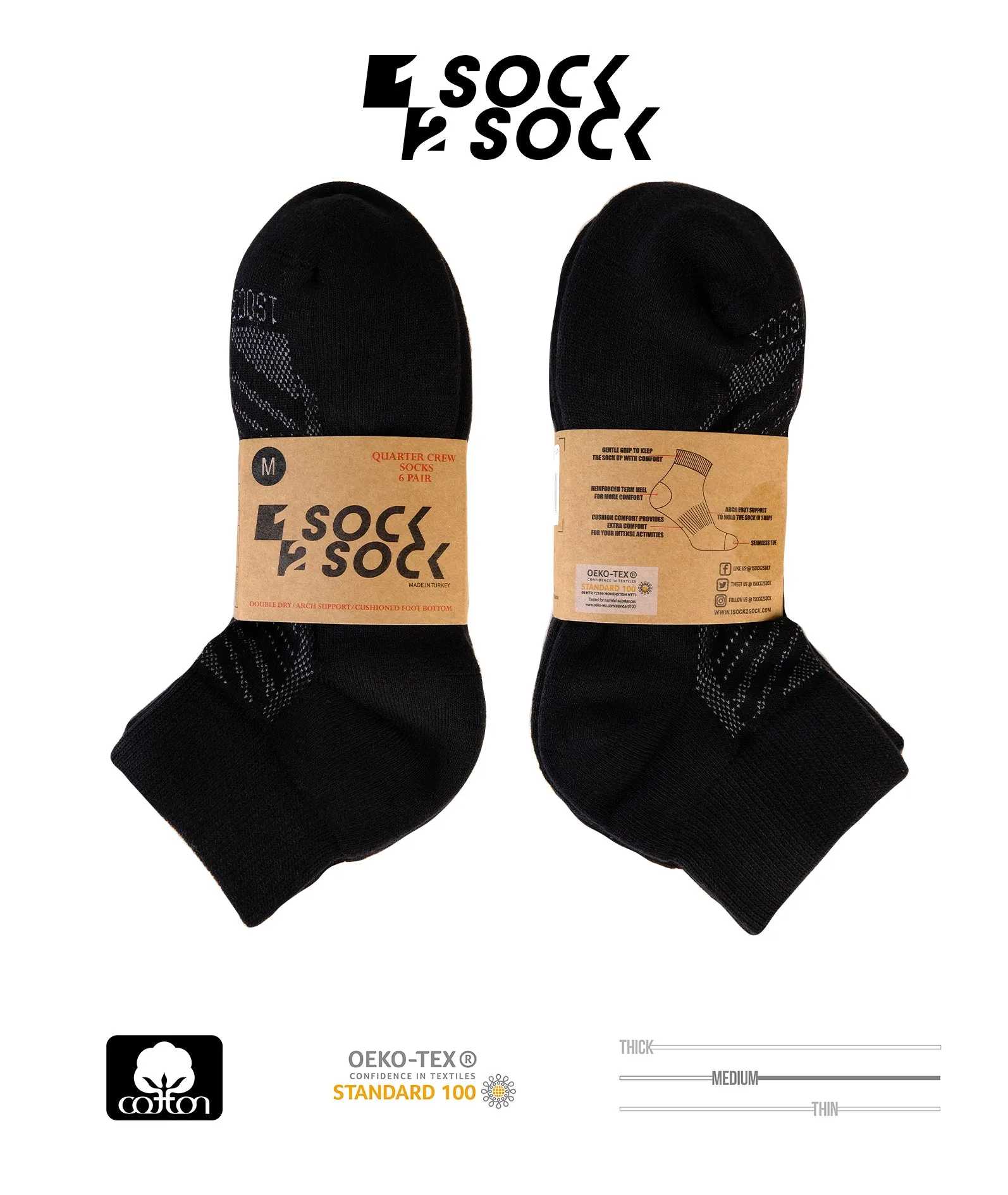 6 PACK QUARTER CREW SOCKS BLACK