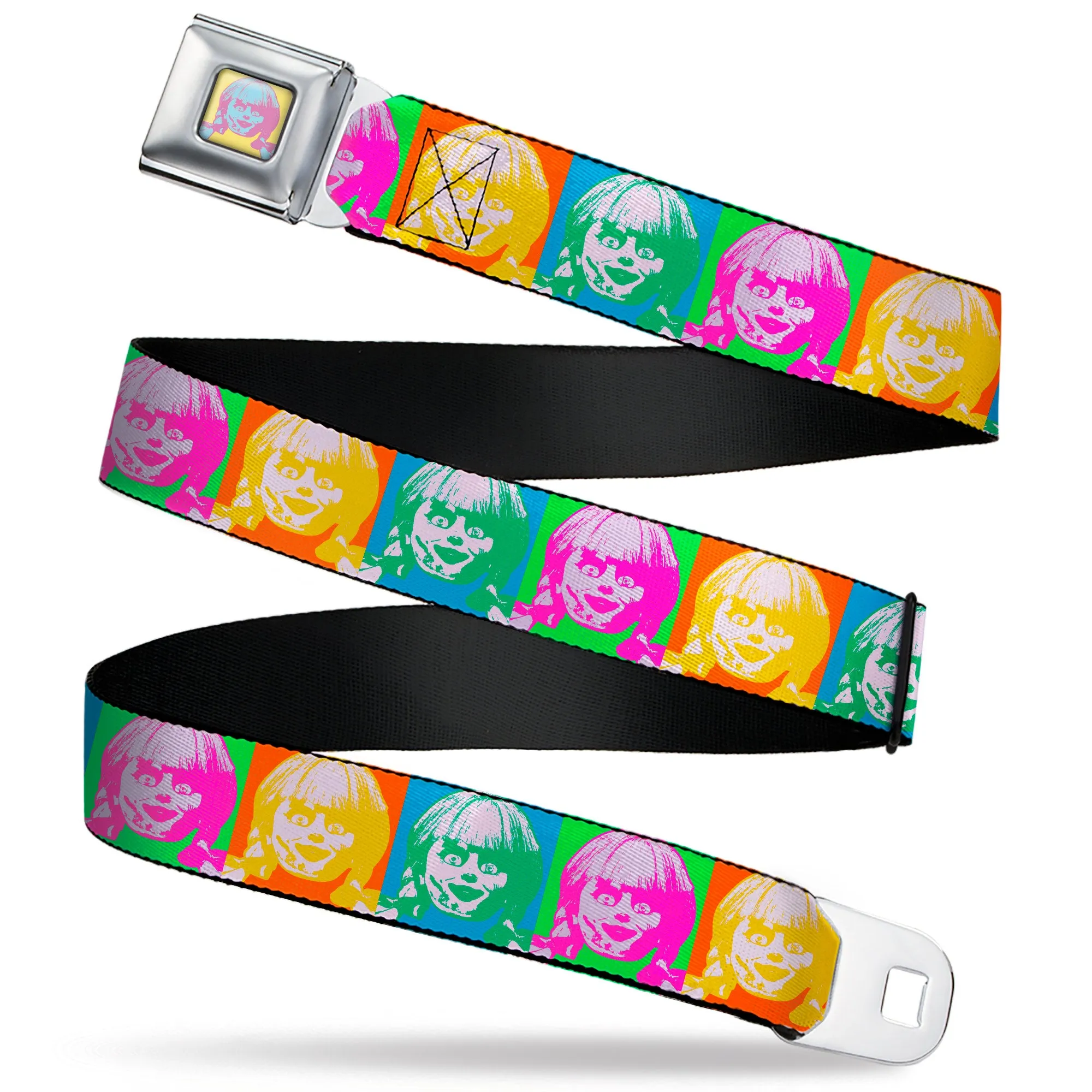 Annabelle Pop Art Face Full Color Yellow/Pink/Blue Seatbelt Belt - Annabelle Doll Face Pop Art Color Block Multi Color Webbing