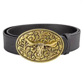 Authentic Texan Cowboy Belt Black Faux Leather Gold Buckle