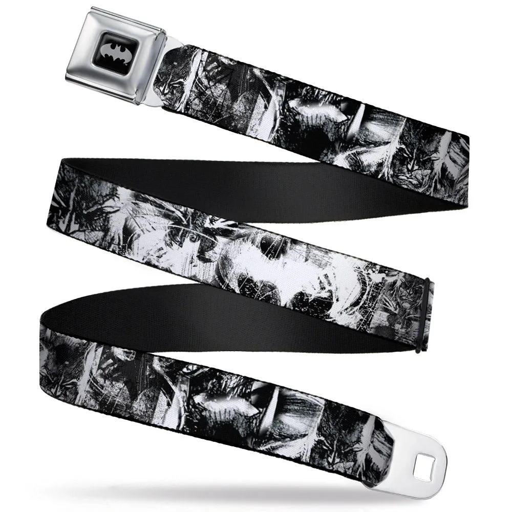 Batman Black Silver Seatbelt Belt - Batman Poses & Bat Shield Sketch White/Black Webbing