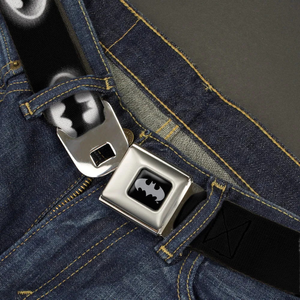 Batman Black Silver Seatbelt Belt - Cloudy Bat Signal Black/White Webbing