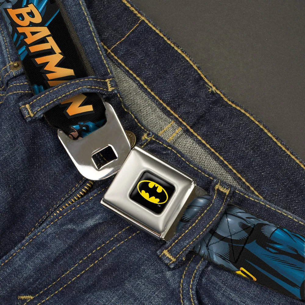 Batman Full Color Black Yellow Seatbelt Belt - BATMAN Action Poses/Bat Signal Black Webbing