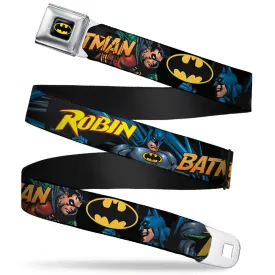 Batman Full Color Black Yellow Seatbelt Belt - Batman & Robin in Action w/Text Black Webbing