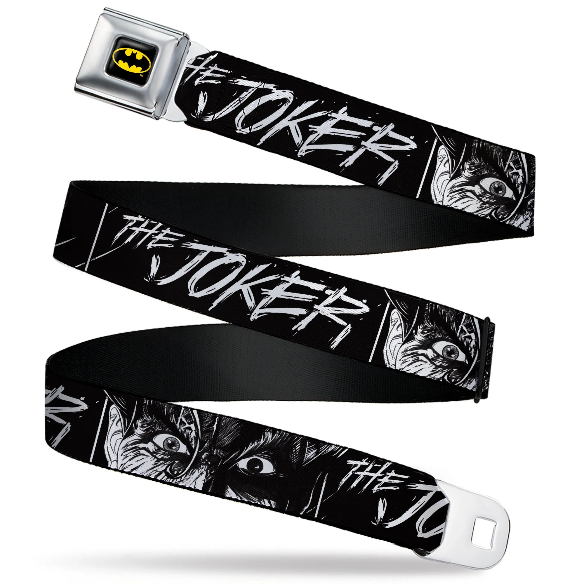 Batman Full Color Black/Yellow Seatbelt Belt - THE JOKER Smiling Eyes Sketch Close-Up Black/White Webbing