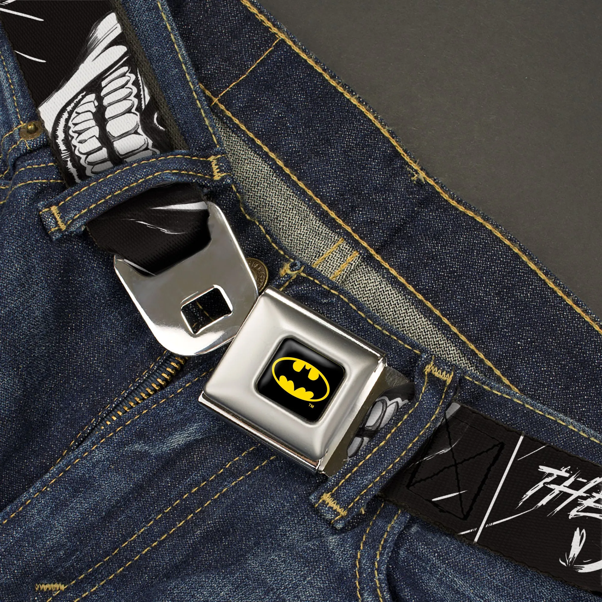 Batman Full Color Black/Yellow Seatbelt Belt - THE JOKER Smiling Eyes Sketch Close-Up Black/White Webbing