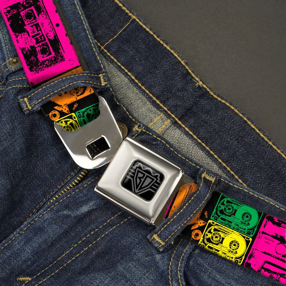 BD Wings Logo CLOSE-UP Black/Silver Seatbelt Belt - Cassette Tapes Black/Multi Neon Webbing