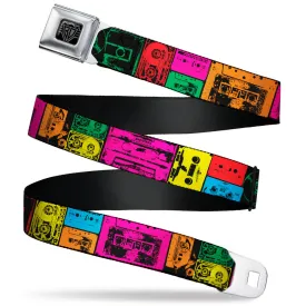 BD Wings Logo CLOSE-UP Black/Silver Seatbelt Belt - Cassette Tapes Black/Multi Neon Webbing