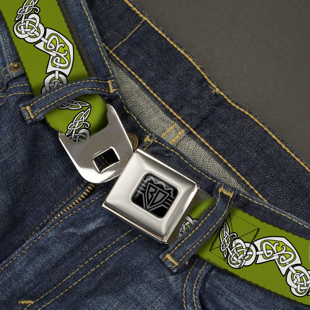 BD Wings Logo CLOSE-UP Black/Silver Seatbelt Belt - Celtic Knot3 Olives/Black/White Webbing