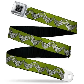 BD Wings Logo CLOSE-UP Black/Silver Seatbelt Belt - Celtic Knot3 Olives/Black/White Webbing