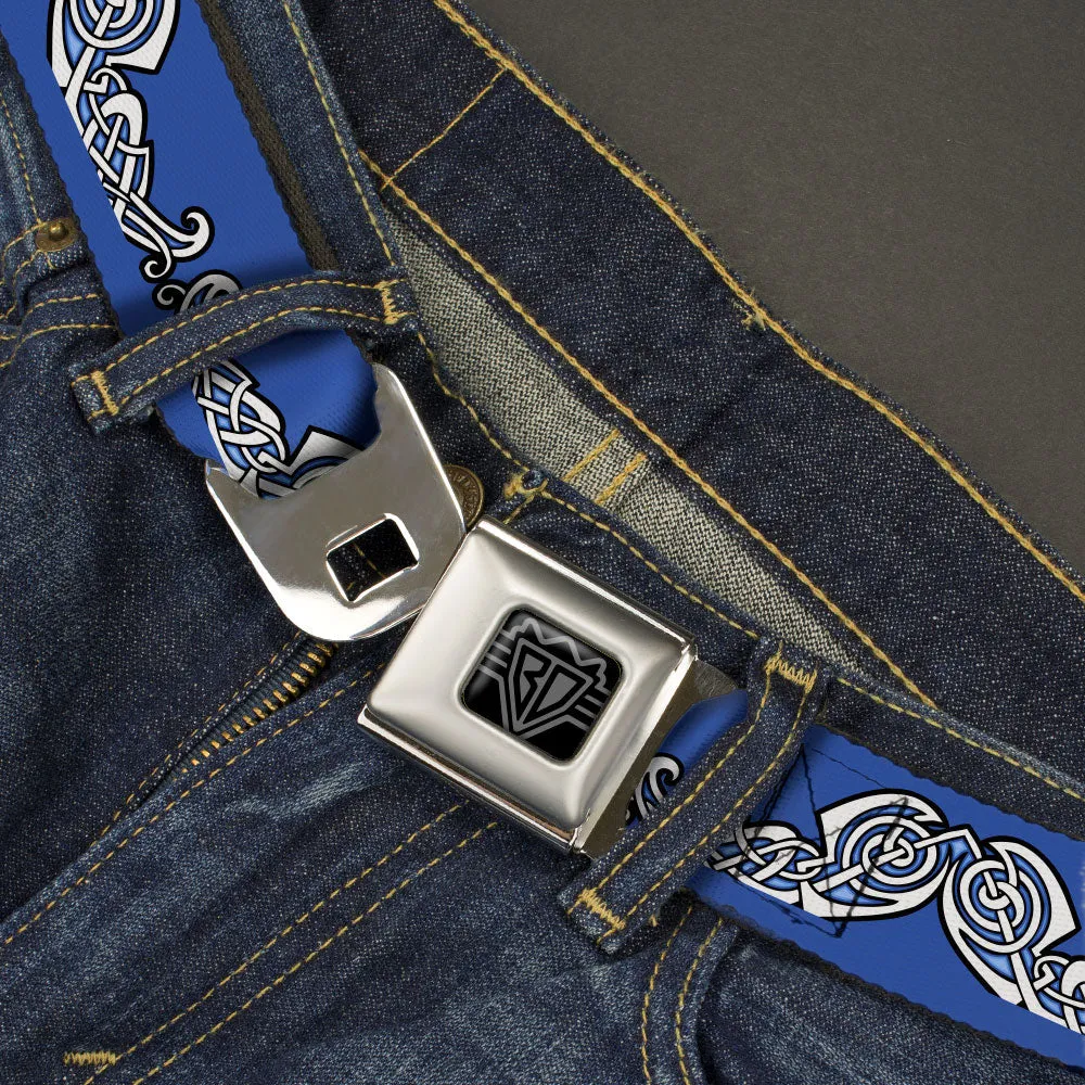 BD Wings Logo CLOSE-UP Black/Silver Seatbelt Belt - Celtic Knot4 Blues/Black/White Webbing