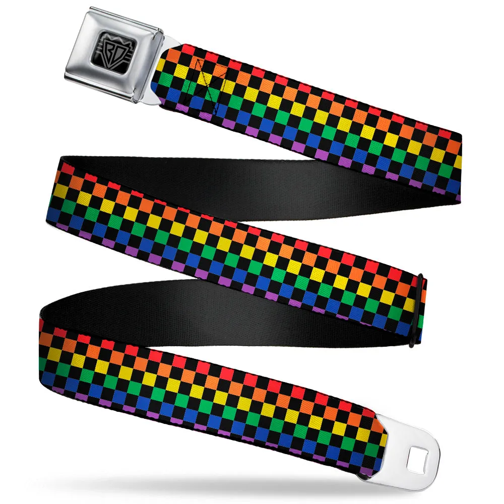 BD Wings Logo CLOSE-UP Black/Silver Seatbelt Belt - Checker Black/Rainbow Multi Color Webbing