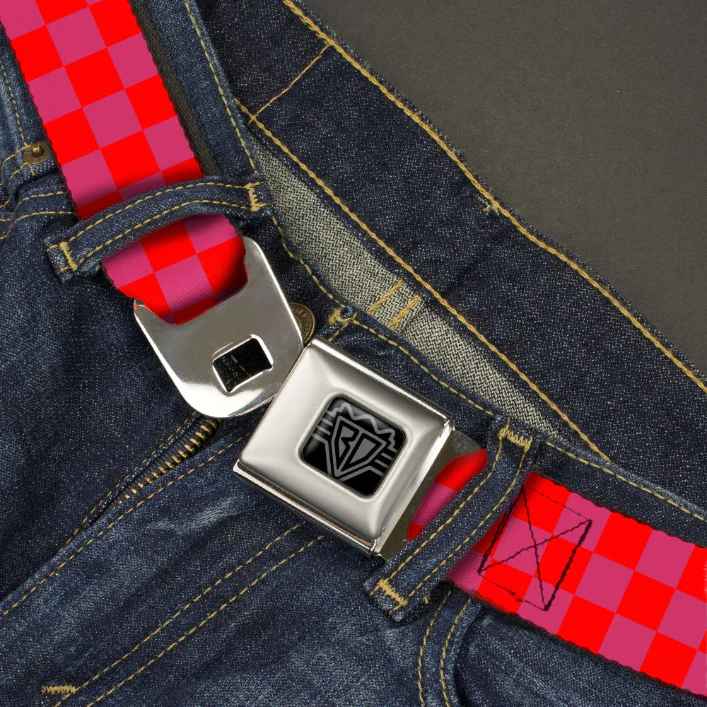 BD Wings Logo CLOSE-UP Black/Silver Seatbelt Belt - Checker Fluorescent Orange/Pink Webbing