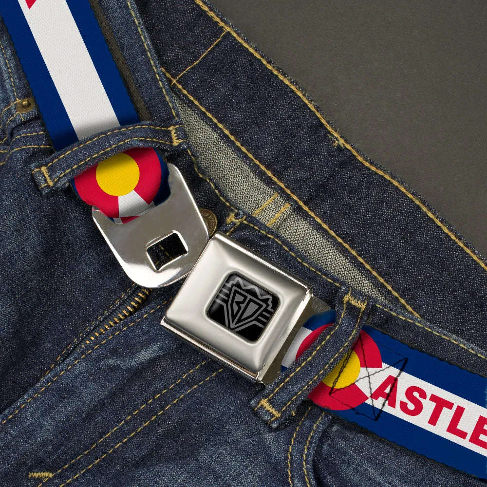 BD Wings Logo CLOSE-UP Black/Silver Seatbelt Belt - Colorado CASTLE ROCK Flag Blue/White/Red/Yellows Webbing