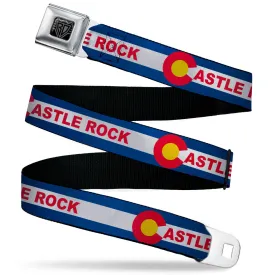 BD Wings Logo CLOSE-UP Black/Silver Seatbelt Belt - Colorado CASTLE ROCK Flag Blue/White/Red/Yellows Webbing