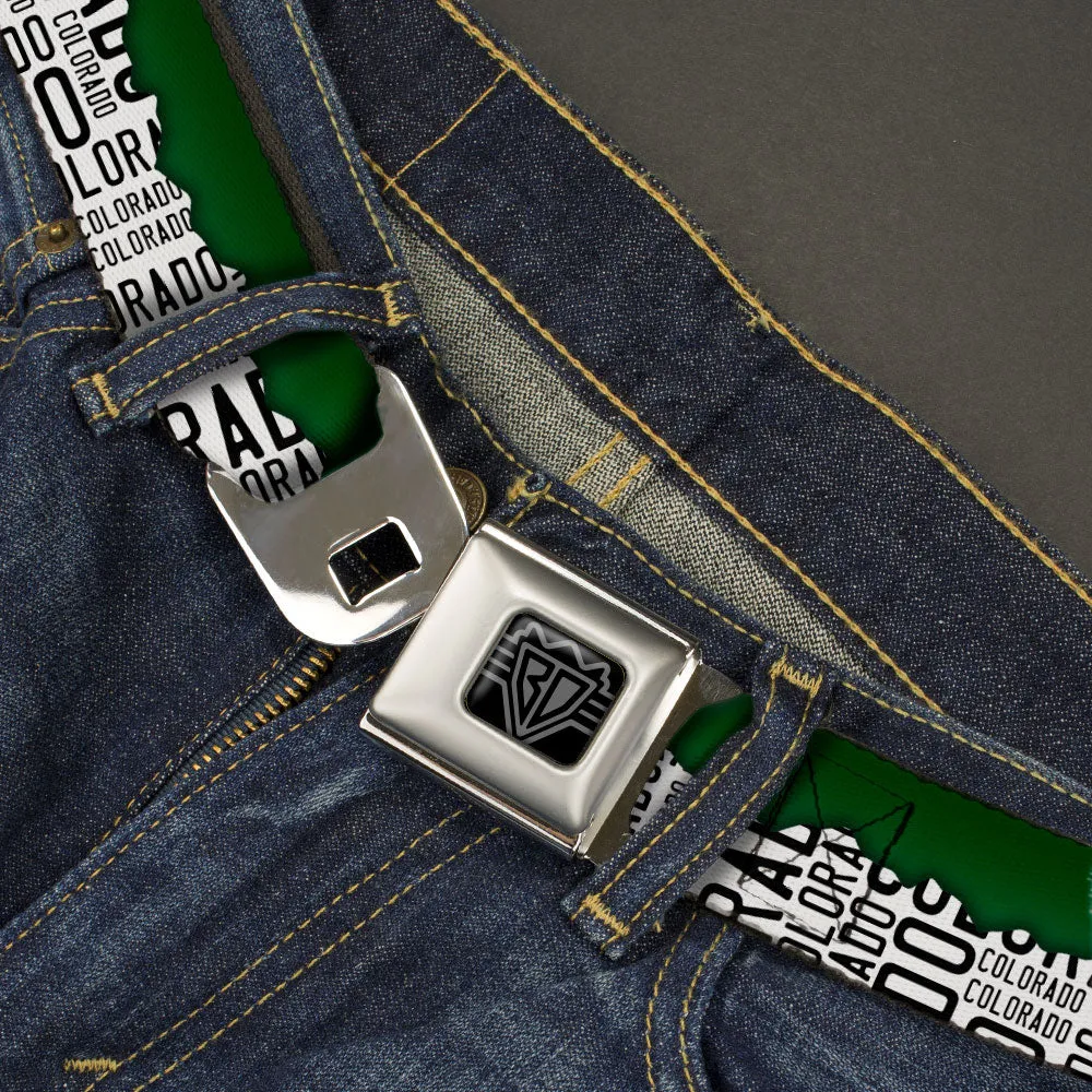 BD Wings Logo CLOSE-UP Black/Silver Seatbelt Belt - Colorado Mountains Green/White/Black Text Webbing