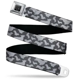 BD Wings Logo CLOSE-UP Black/Silver Seatbelt Belt - Corgi Silhouette Poses Grays Webbing