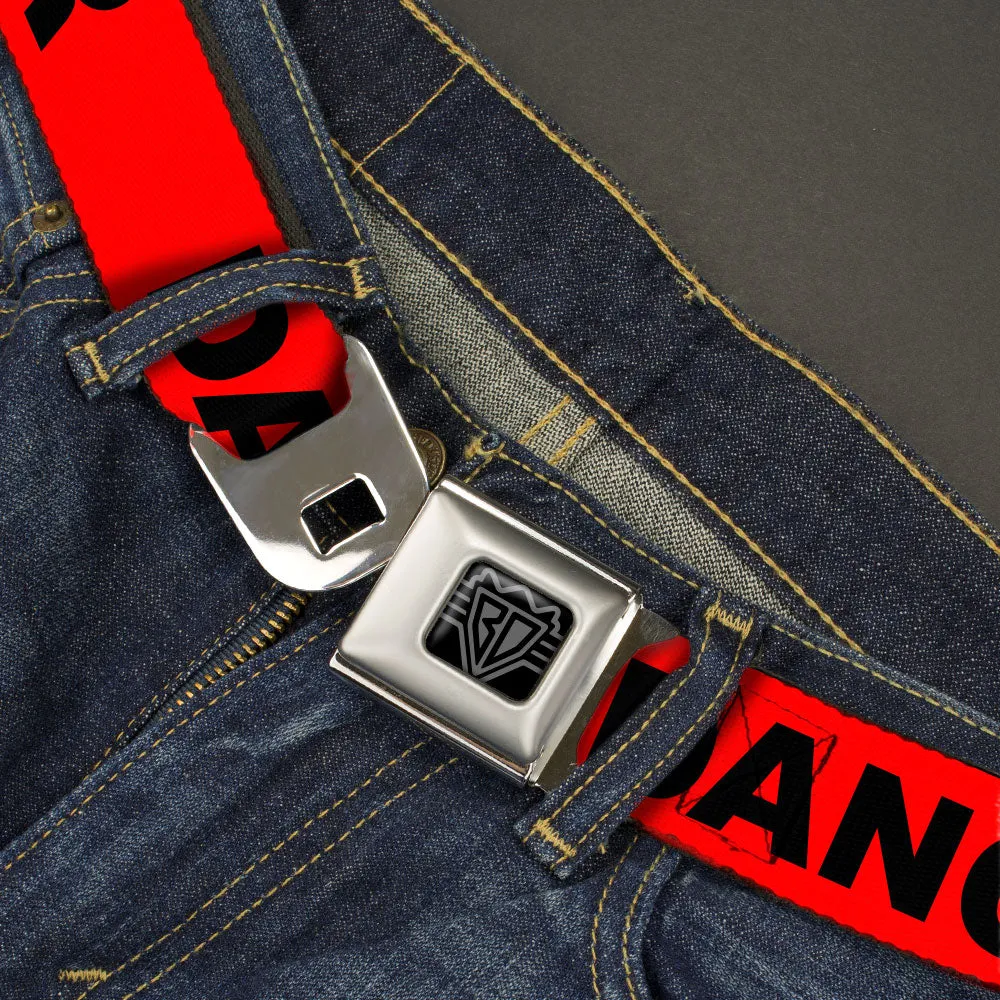 BD Wings Logo CLOSE-UP Black/Silver Seatbelt Belt - DANGER Text Red/Black Webbing