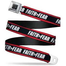 BD Wings Logo CLOSE-UP Black/Silver Seatbelt Belt - FAITH Greater Than FEAR Stripe Red/Black/White Webbing