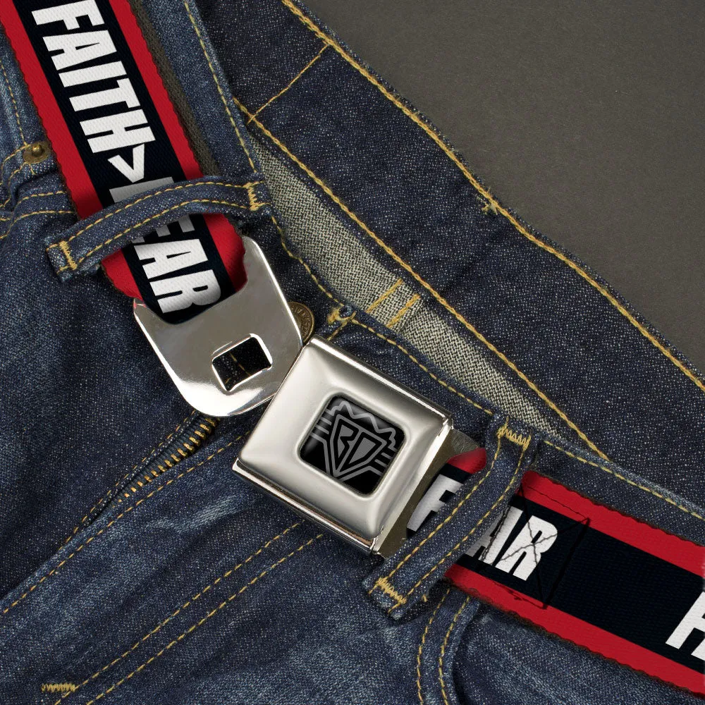 BD Wings Logo CLOSE-UP Black/Silver Seatbelt Belt - FAITH Greater Than FEAR Stripe Red/Black/White Webbing