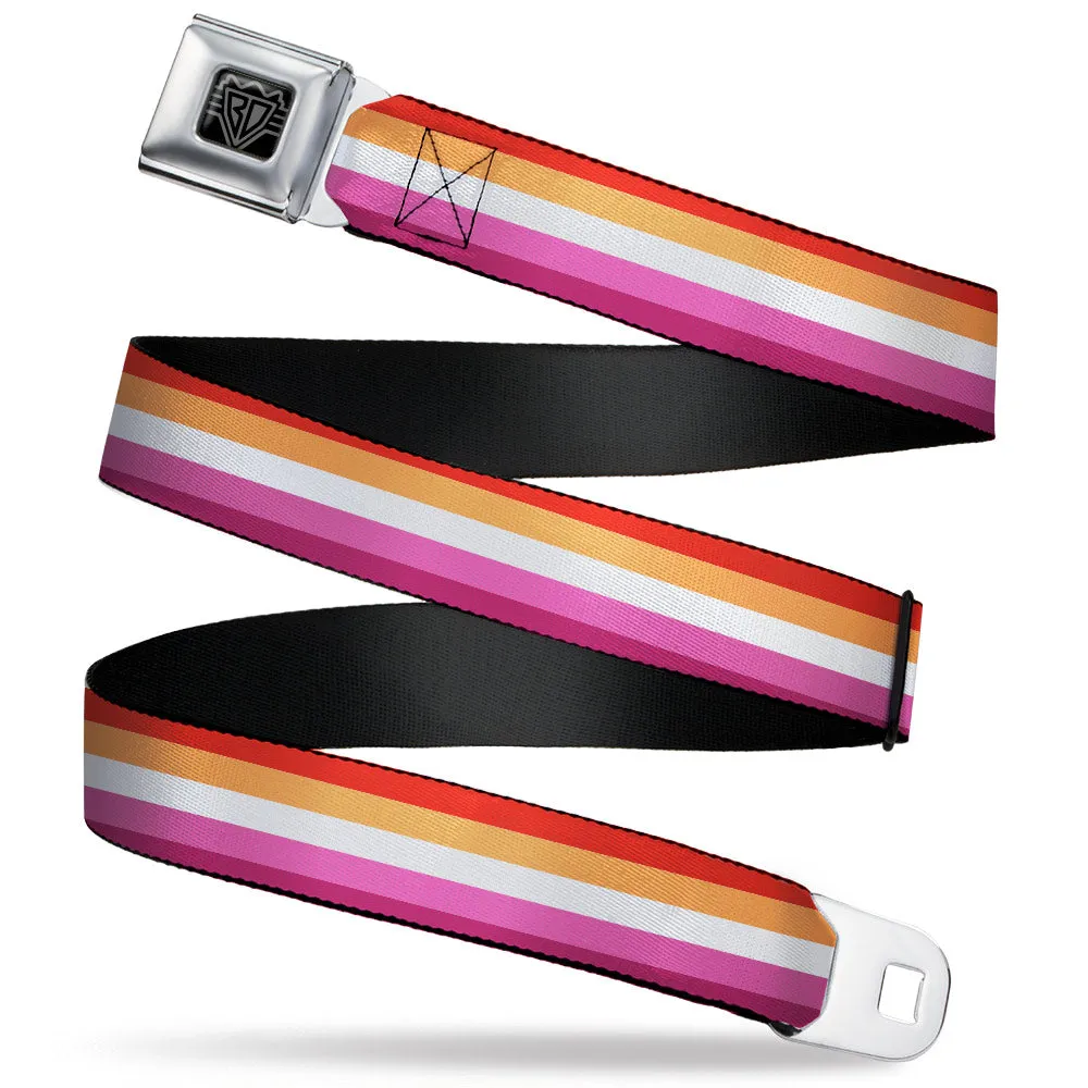 BD Wings Logo CLOSE-UP Black/Silver Seatbelt Belt - Flag Lesbian Five Stripe Oranges/White/Pinks Webbing