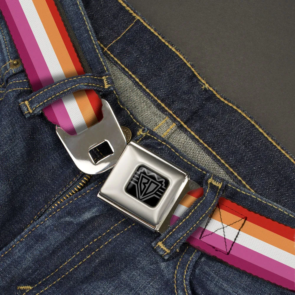 BD Wings Logo CLOSE-UP Black/Silver Seatbelt Belt - Flag Lesbian Five Stripe Oranges/White/Pinks Webbing