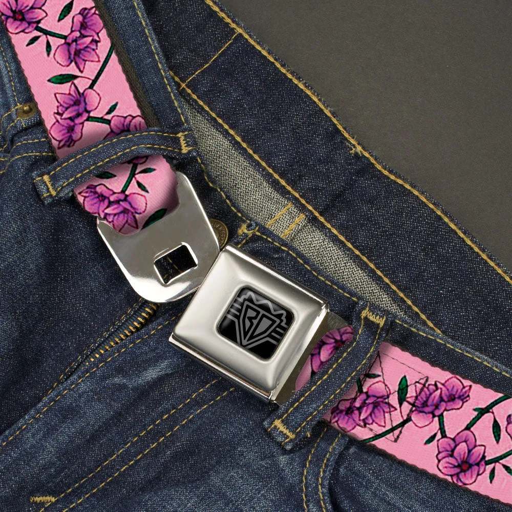 BD Wings Logo CLOSE-UP Black/Silver Seatbelt Belt - Floral Chain Pink Webbing