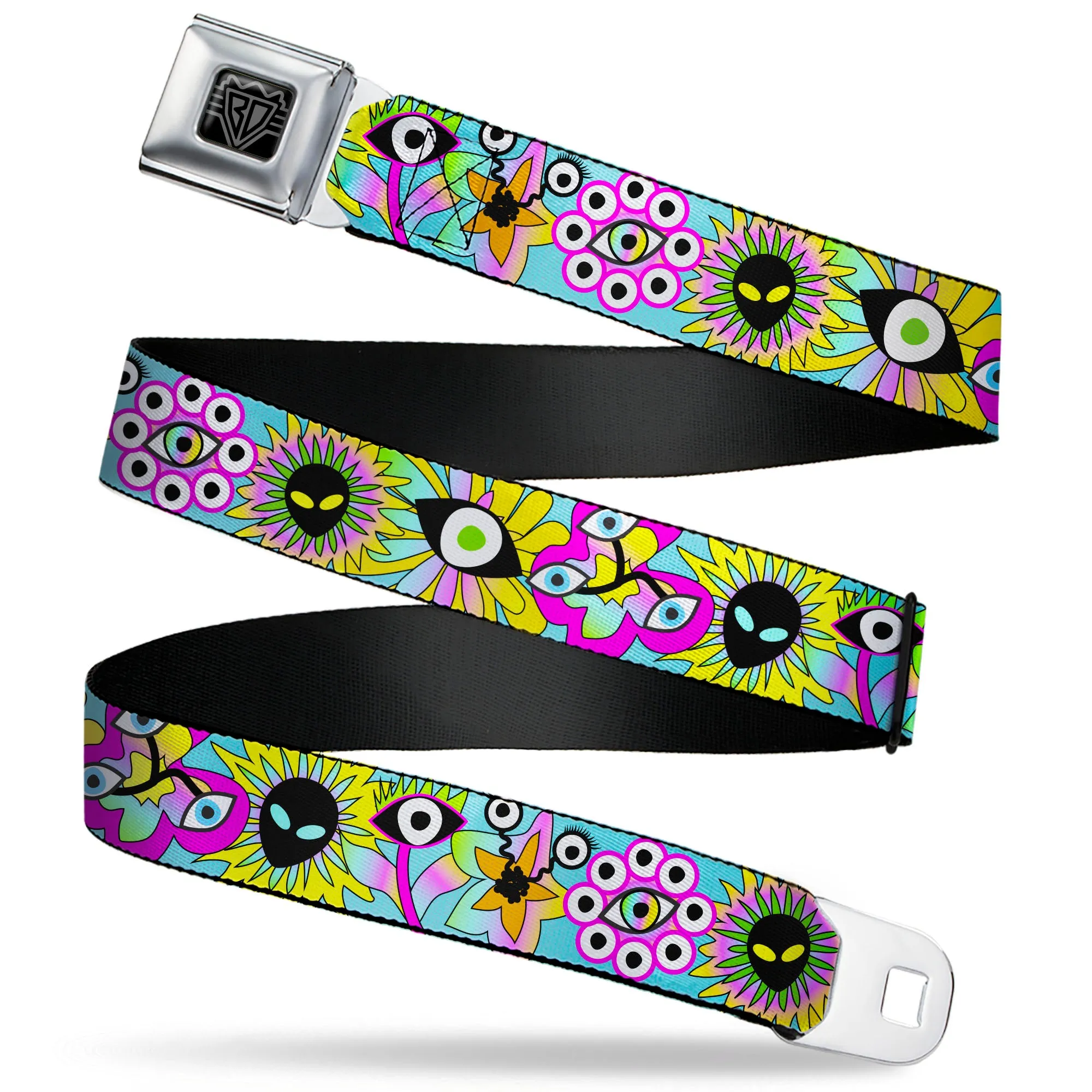 BD Wings Logo CLOSE-UP Black/Silver Seatbelt Belt - Funky Alien Flowers Aqua Blue/Multi Color Webbing