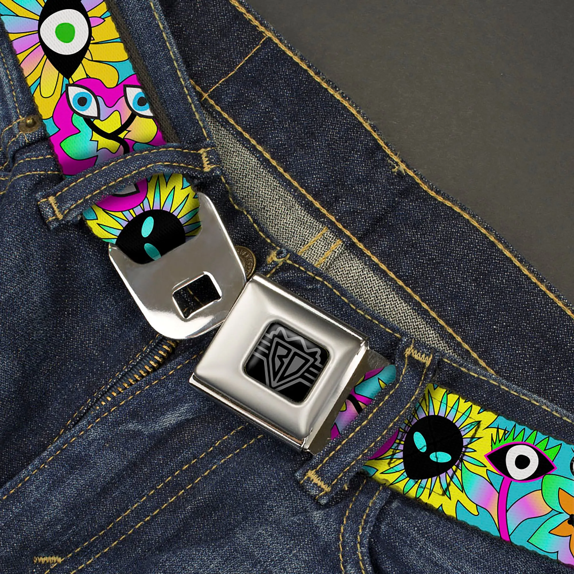 BD Wings Logo CLOSE-UP Black/Silver Seatbelt Belt - Funky Alien Flowers Aqua Blue/Multi Color Webbing