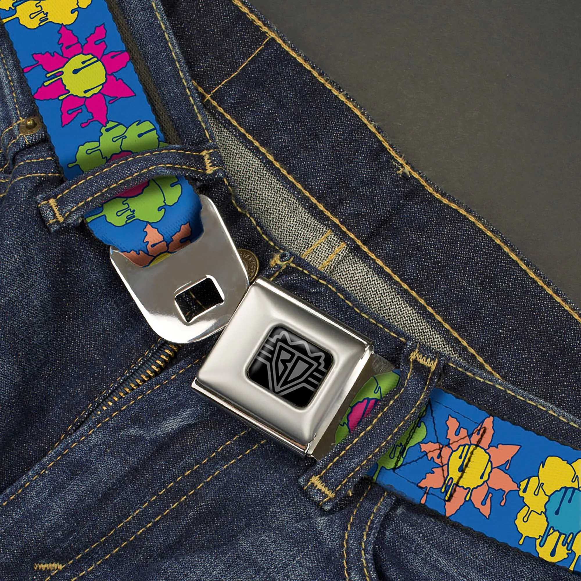 BD Wings Logo CLOSE-UP Black/Silver Seatbelt Belt - Funky Flower Drip Blue/Multi Color Webbing