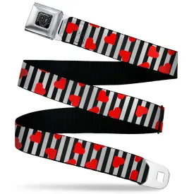 BD Wings Logo CLOSE-UP Black/Silver Seatbelt Belt - Hearts Scattered/Stripe White/Black/Red Webbing