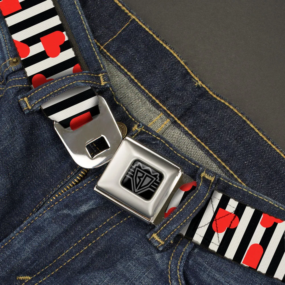 BD Wings Logo CLOSE-UP Black/Silver Seatbelt Belt - Hearts Scattered/Stripe White/Black/Red Webbing