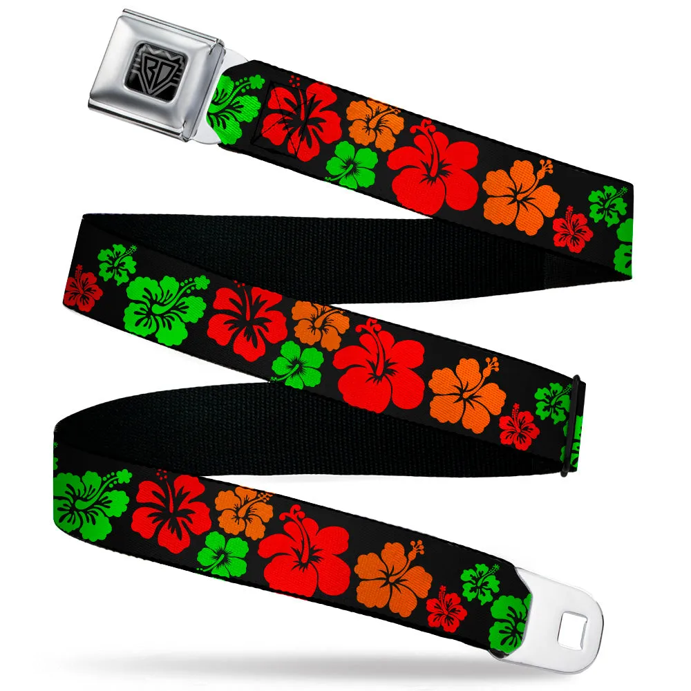 BD Wings Logo CLOSE-UP Black/Silver Seatbelt Belt - Hibiscus Flowers Black/Green/Red/Orange Webbing