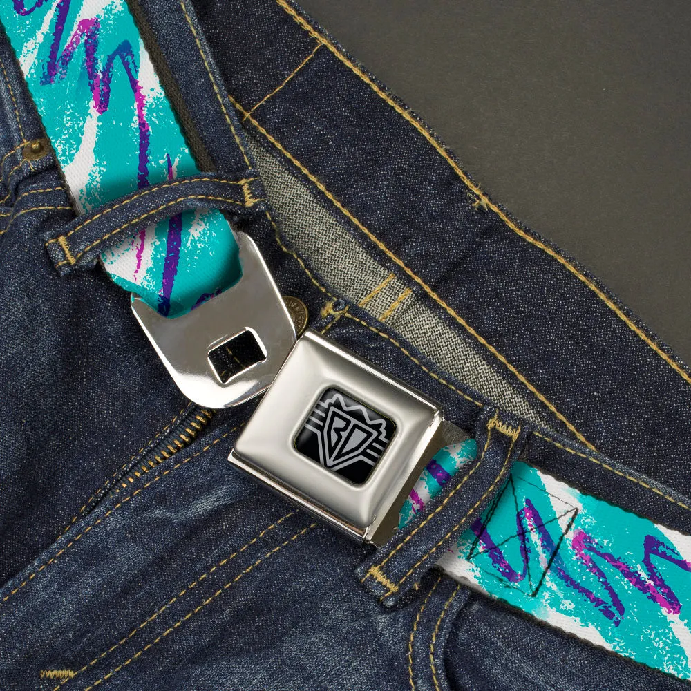 BD Wings Logo CLOSE-UP Black/Silver Seatbelt Belt - Jazzy Wave Scribble White/Teal/Purple Webbing