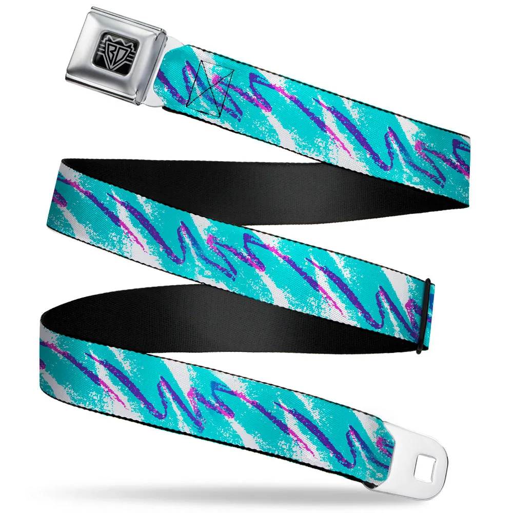 BD Wings Logo CLOSE-UP Black/Silver Seatbelt Belt - Jazzy Wave Scribble White/Teal/Purple Webbing