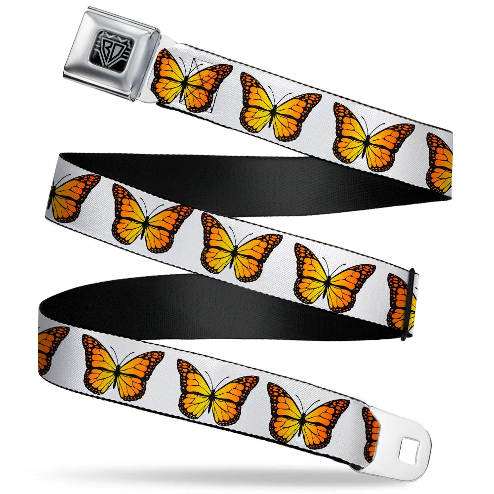 BD Wings Logo CLOSE-UP Black/Silver Seatbelt Belt - Monarch Butterfly Repeat White Webbing