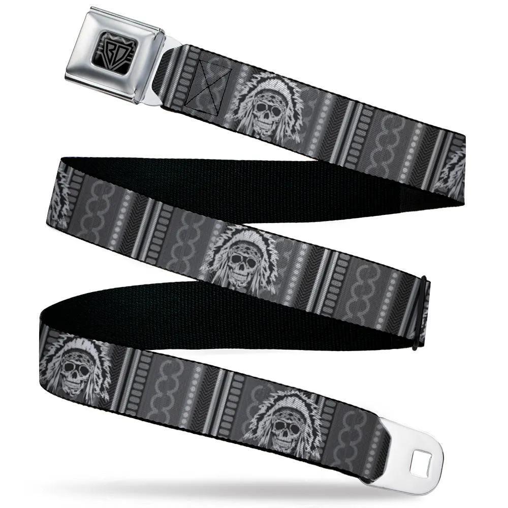 BD Wings Logo CLOSE-UP Black/Silver Seatbelt Belt - Native American Skull w/CLOSE-UP Black/Grays/White Webbing