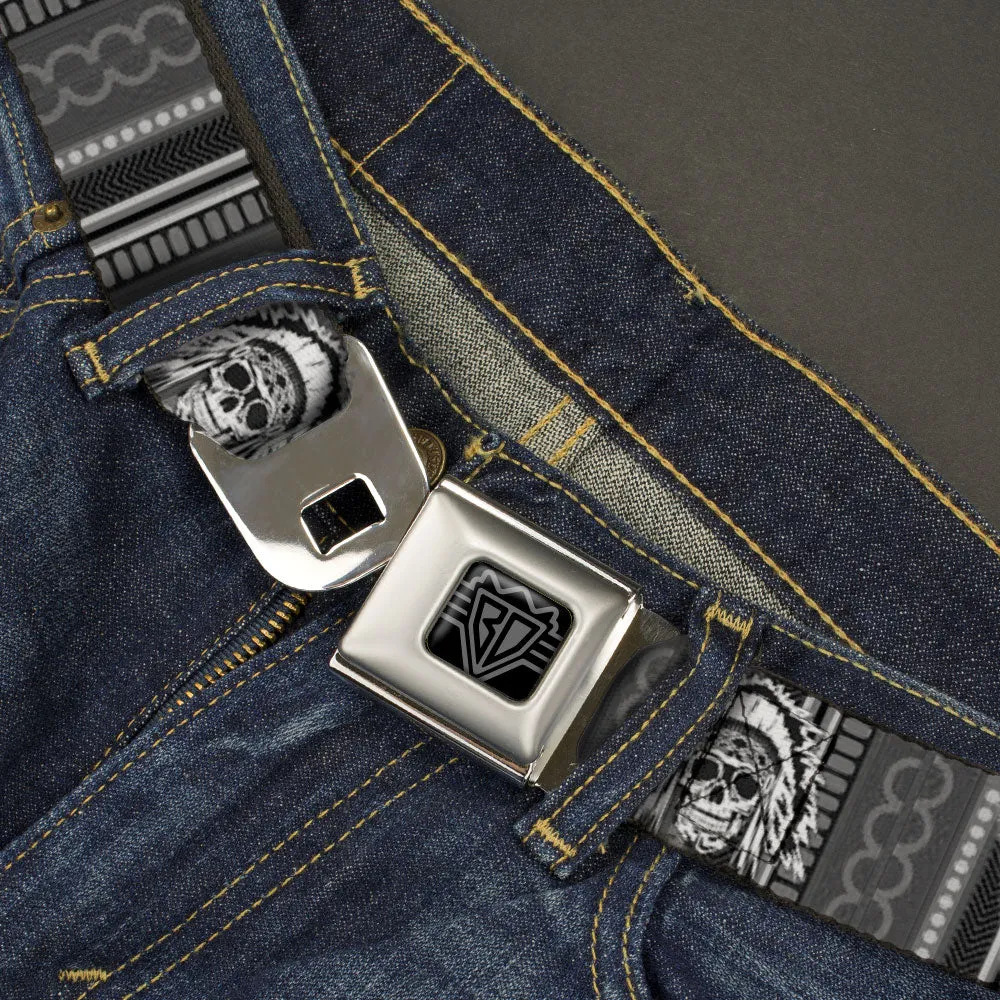 BD Wings Logo CLOSE-UP Black/Silver Seatbelt Belt - Native American Skull w/CLOSE-UP Black/Grays/White Webbing