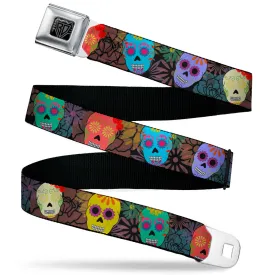 BD Wings Logo CLOSE-UP Black/Silver Seatbelt Belt - Painted Sugar Skulls & Flowers Collage Webbing