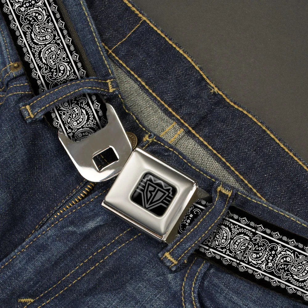 BD Wings Logo CLOSE-UP Black/Silver Seatbelt Belt - Paisley4 w/Border Black/White Webbing