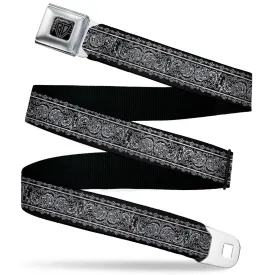 BD Wings Logo CLOSE-UP Black/Silver Seatbelt Belt - Paisley4 w/Border Black/White Webbing