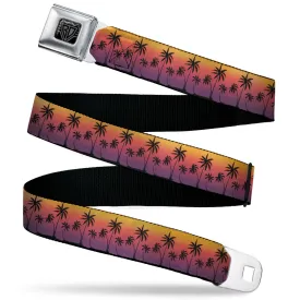 BD Wings Logo CLOSE-UP Black/Silver Seatbelt Belt - Palm Treeline Silhouette Sunset Fade/Black Webbing