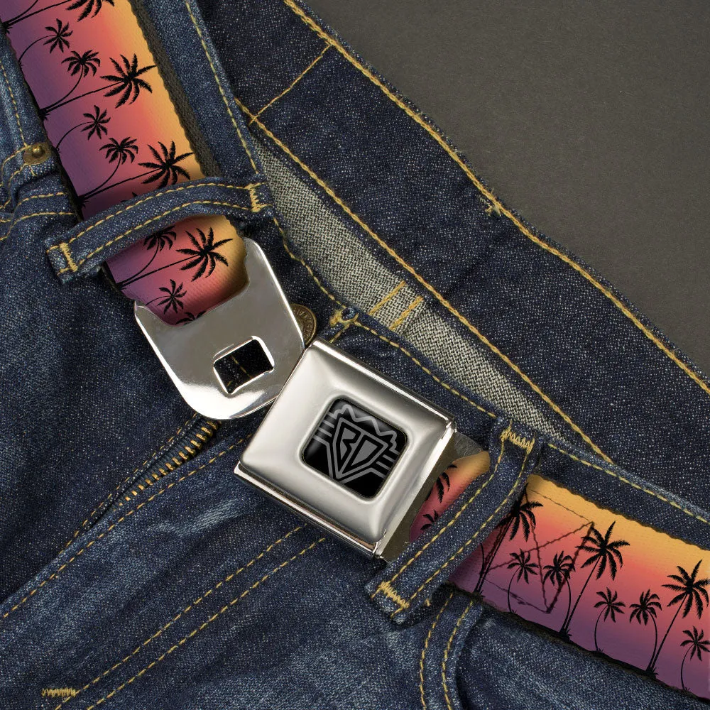 BD Wings Logo CLOSE-UP Black/Silver Seatbelt Belt - Palm Treeline Silhouette Sunset Fade/Black Webbing