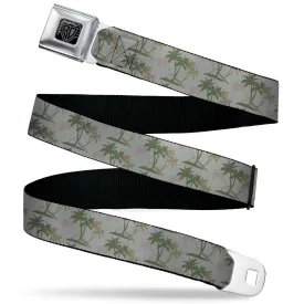 BD Wings Logo CLOSE-UP Black/Silver Seatbelt Belt - Palm Trees Silhouette Scattered Tan/Browns Webbing